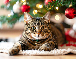 Tabby cat laying under a Christmas tree, closeup. AI