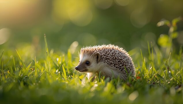 Serene Encounter. A Small Creature Amidst Sunlight and Verdant Grass, Bokeh Effects.