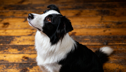 Fototapeta premium a sweet black and white border collie dog is looking up in a close-up indoor portrait on a wooden floor.