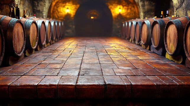 A table with free space for a bottle of wine or food and a retro interior of a cellar with barrels.