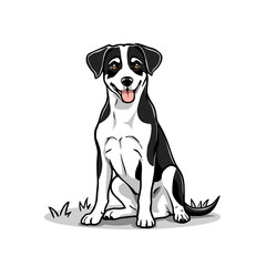 Fototapeta premium Cute Black and White Dog Cartoon Portrait Sitting on Grass