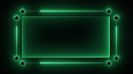 Animation of glowing neon rectangle frame with stars on black background. abstract glowing green neon rectangle border frame and stars. 4k animated on black background - Powered by Adobe