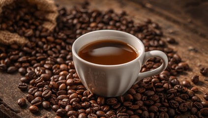 Simple Cup on Wood Grain Surface, Surrounded by Freshly Roasted Brown Seeds.