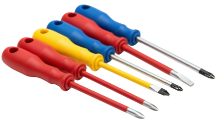 Set of Six Colorful Screwdrivers tools collection isolated on a transparent background