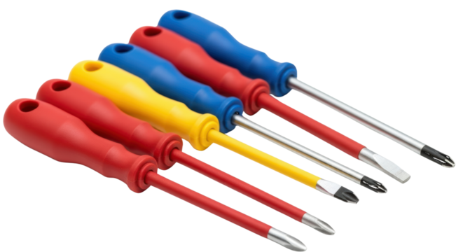 Set of Six Colorful Screwdrivers tools collection isolated on a transparent background