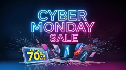 Cyber Monday promotion, massive seventy percent discount, digital devices, technology offers, online purchasing event, advertising banner. - Powered by Adobe