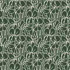 Seamless pattern with green and white canary islands flowers Blue Violet. Monochrome hand drawn floral wallpaper