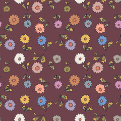 Ditsy floral seamless pattern on burgundy background. Hand drawn vintage backdrop with tiny daisy flowers