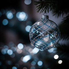 Elegant close-up of a glass Christmas bauble with blue swirls and snowflake design, hanging on a fir tree. A serene and magical holiday background with cool-toned bokeh lights and copy space.