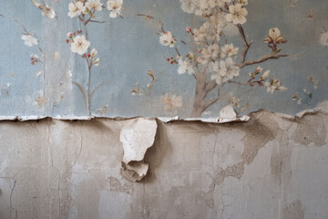 Wall with peeling blue floral wallpaper and cracked plaster