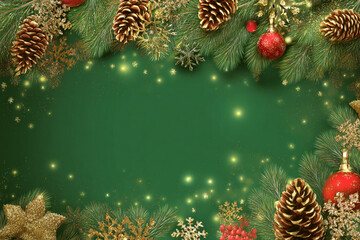 Festive Christmas Frame With Pine Branches, Ornaments, And Golden Snowflakes In Green Backdrop