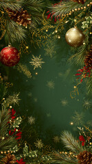 Festive Christmas Frame With Pine Branches, Ornaments, And Golden Snowflakes In Green Backdrop