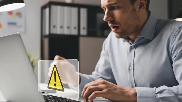 Technical Challenges: A man in a light blue shirt encounters a computer error, symbolizing the stress of modern technological issues. Focus is given to his expression of alarm, a common work scene