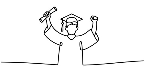 Continuous line drawing of a graduate student celebrating with a diploma, symbolizing academic achievement and success the artwork captures the joy of graduation continuous one line art of vector illu