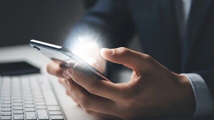Digital Engagement: A person in a formal attire engrossed with smartphone, illuminating a scene of technology and communication. A contemporary depiction of seamless digital interaction. - Powered by Adobe