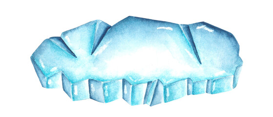 Ice floe watercolor illustration. Ice illustration. Frost, winter, northern, cold. White and blue colors. New Year, Christmas. December, January, February. Isolated illustration. For print