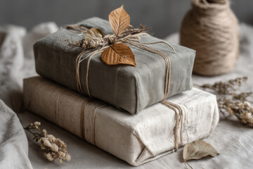 Christmas gifts wrapped in linen fabric with twine and dried plants on neutral background