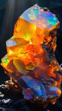 A large piece of opalite on a rocky surface, ignited and burning brightly