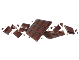 Crushed dark chocolate bar in the air with flying pieces on transparent background