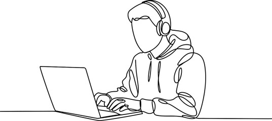 A single line drawing elegantly captures a person engrossed in their laptop, headphones on, against an, symbolizing focus, technology, and the digital age continuous one line art of vector illustratio