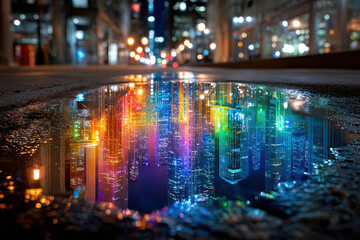 Fototapeta premium Colorful city skyline reflected in a puddle at night in an urban setting
