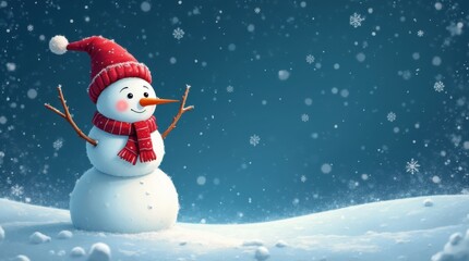 Fototapeta premium Realistic cartoon snowman in red hat on snowy night.