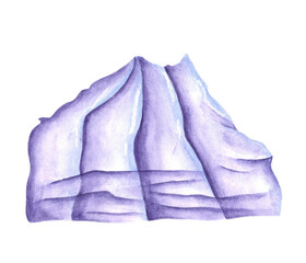 Mountains watercolor illustration. Mountain illustration. Ice, frost, winter, northern, cold. White, blue, and purple colors. New Year, Christmas. Isolated illustration. Winter holidays. For print