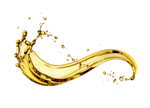 Golden splash with drops of oily liquid on transparent background. Generative AI
