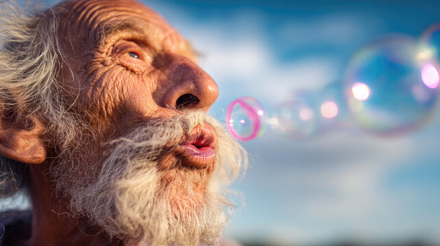 Elderly man blowing bubbles — sitting on park bench, expression of timeless youth, gentle humor, cinematic composition