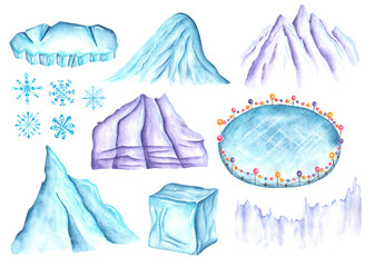 Snowy winter watercolor illustration set. Snowflakes, mountains, ice floes, skating rink, forest. Winter landscape. New Year, Christmas. Isolated illustration. Suitable for print and electronic media.