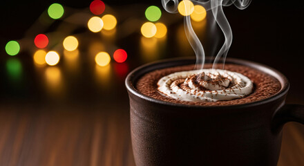 Festive mug of steaming hot cocoa with whipped cream, creating a cozy and warm winter holiday atmosphere. A delicious comfort drink with colorful Christmas bokeh lights in the background.