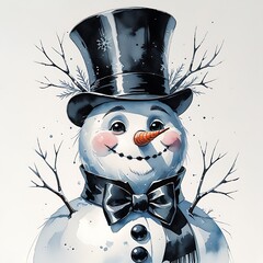 Victorian-style snowman in black hat and bow tie, monochrome festive look