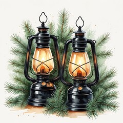 Pair of glowing black vintage lanterns with pine greenery, watercolor