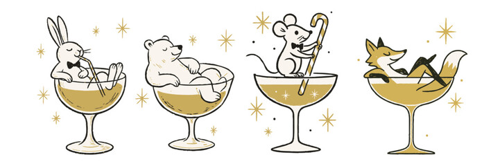 Adorable christmas party characters sitting in champagne glasses including rabbit, bear, mouse and fox