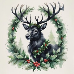 Gothic black reindeer with holly wreath, detailed antlers, watercolor
