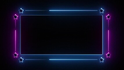 Abstract glowing neon rectangle border frame and stars glowing animation video. light glowing neon pink and blue color frame rectangle with stars and lines 4K footage video effect seamless loop. - Powered by Adobe