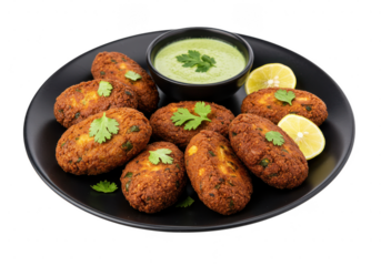 A plate full of yummy deep fried cutlets garnished with cilantro and lemon served with a light green sauce dip on transparent background