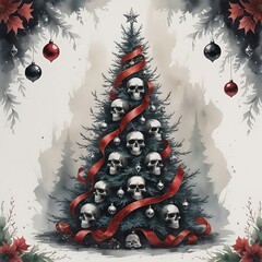 Gothic black Christmas tree with skull ornaments and red accents, watercolor style