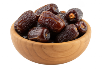 A wooden bowl filled with several ripe yummy and healthy dates clustered together and ready to be consumed soon on transparent background