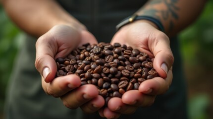 Close-up hands holding pile of freshly roasted coffee beans, farmer presenting organic crop