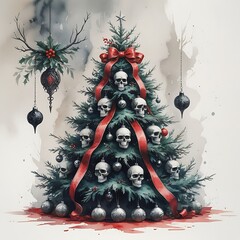 Gothic black Christmas tree with skull ornaments and red accents, watercolor style
