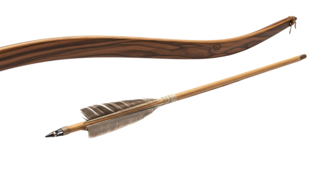 Wooden Bow and Arrow with Feathers archery weapon isolated on a transparent background