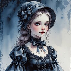 Gothic Victorian doll in black lace dress, detailed and elegant, watercolor