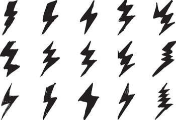 hand-drawn Flash icons collection. Electric symbols. Electric lightning symbols. Flash light sign. Electric vector icons, Bolt lightning flash icons