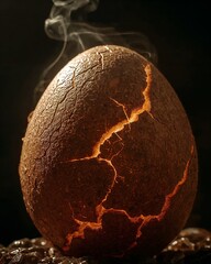 Glowing cracked egg with smoke, resembling an ancient dragon egg. Symbol of rebirth, mystery, and the awakening of mythical power and new life.
