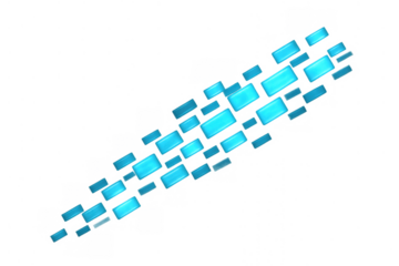 Abstract blue digital squares moving diagonally, creating a data flow or technology stream on a transparent background