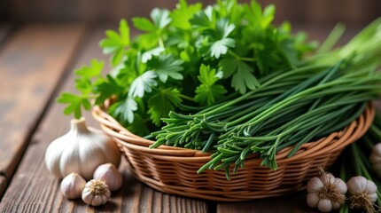 Close-up wicker basket with fresh parsley, chives, garlic on textured wooden table, organic produce theme.