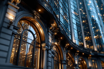 Obraz premium Elegant Curved Building Facade with Arched Windows at Dusk
