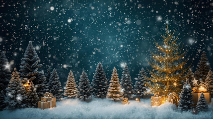 Beautiful Christmas Tree Night Landscape Background with snow, snowing snowflakes, and dreamy night scene for the holidays, ai