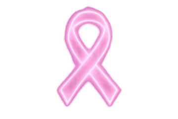 Pink ribbon neon light glowing for breast cancer awareness, representing support, hope, and solidarity on transparent background